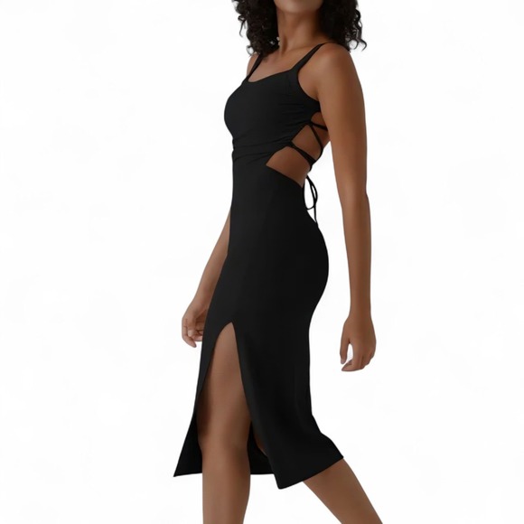 Halara Black Dress XL Open Back Lace Up Side Slit Bodycon Midi Soft Stretchy - Picture 1 of 9